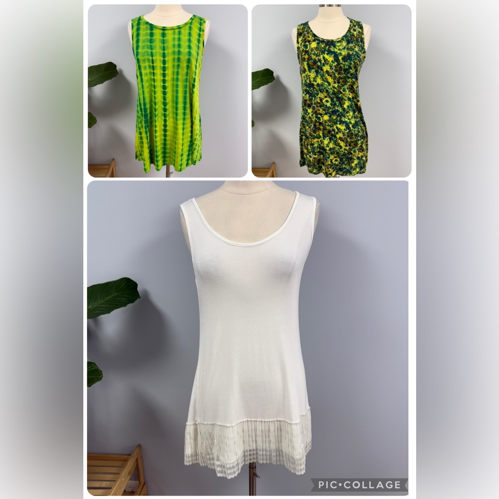 LOGO Lori Goldstein Tank Top M Lot of 3 White, Tie Dye, Green Floral Layers